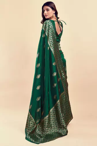 Dark green silk blend banarasi saree with unstitched blouse piece