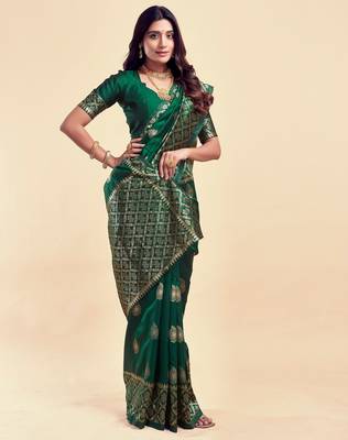 Dark green silk blend banarasi saree with unstitched blouse piece 4