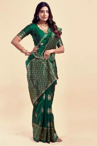 Dark green silk blend banarasi saree with unstitched blouse piece