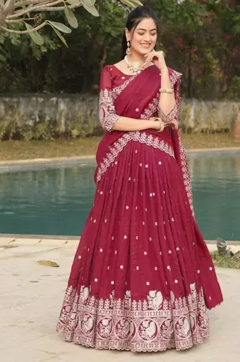 burgandy embroidered lehenga choli set