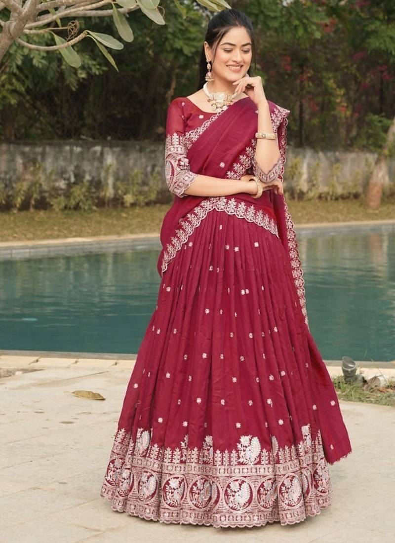 burgandy embroidered lehenga choli set