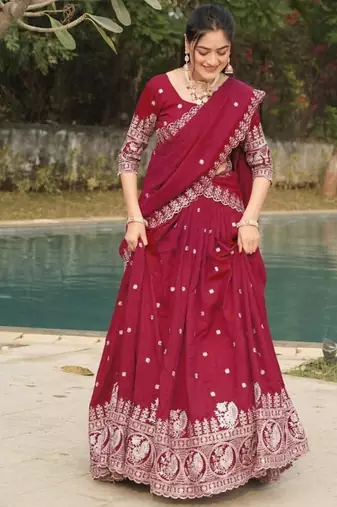 burgandy embroidered lehenga choli set