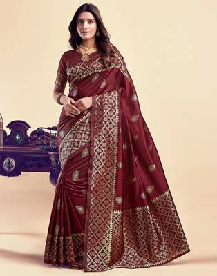 Maroon silk blend banarasi saree with unstitched blouse piece 1