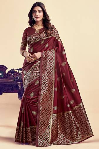 Maroon soft silk blend banarasi jacuard work designer party wear saree with unstitched blouse piece