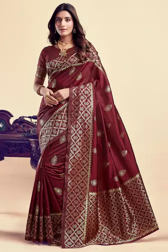 Maroon soft silk blend banarasi jacuard work designer party wear saree with unstitched blouse piece