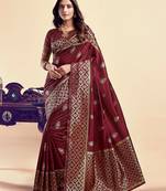 Maroon soft silk blend banarasi jacuard work designer party wear saree with unstitched blouse piece