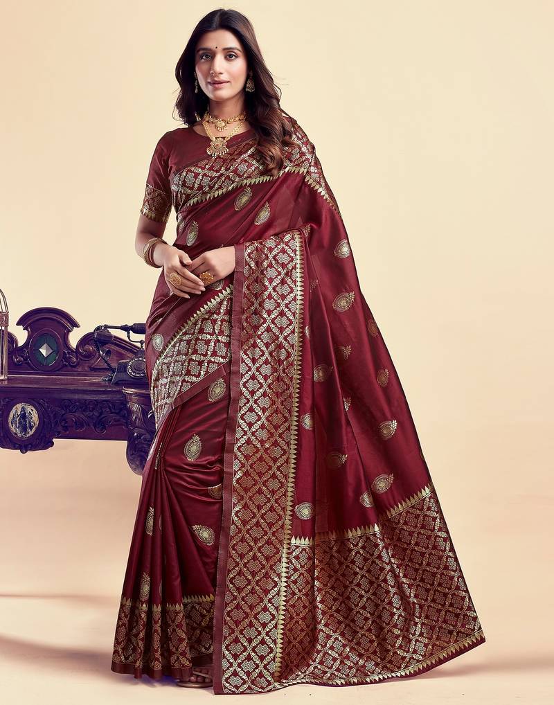Maroon soft silk blend banarasi jacuard work designer party wear saree with unstitched blouse piece