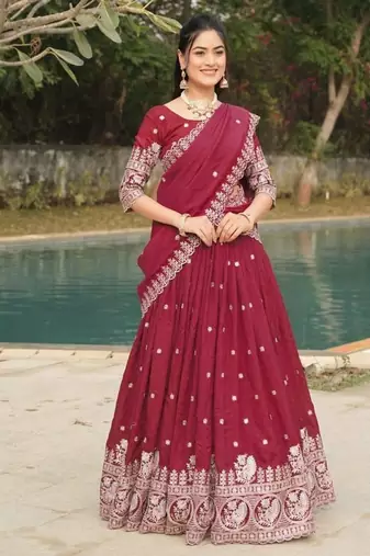 burgandy embroidered lehenga choli set
