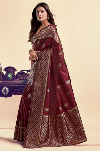 Maroon silk blend banarasi saree with unstitched blouse piece