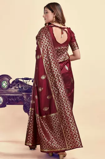 Maroon silk blend banarasi saree with unstitched blouse piece