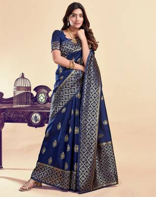 Neavy blue silk blend banarasi saree with unstitched blouse piece 1