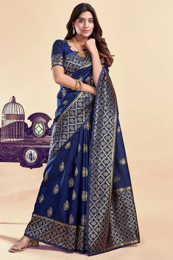 Neavy blue soft silk blend banarasi jacuard work designer party wear saree with unstitched blouse piece
