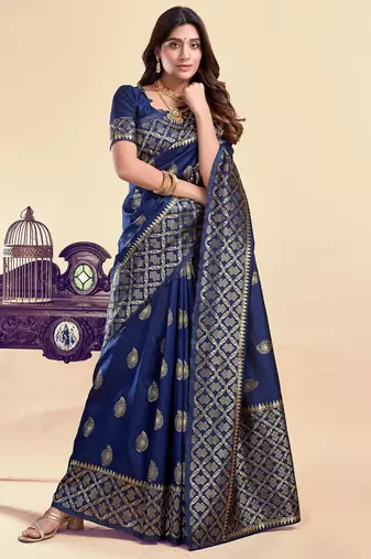 Neavy blue soft silk blend banarasi jacuard work designer party wear saree with unstitched blouse piece
