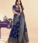Neavy blue soft silk blend banarasi jacuard work designer party wear saree with unstitched blouse piece