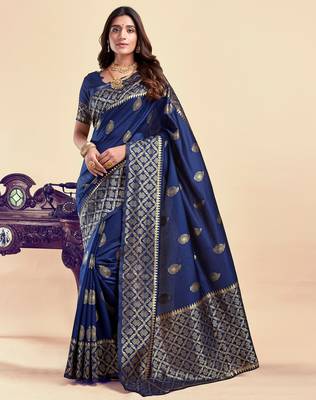 Neavy blue silk blend banarasi saree with unstitched blouse piece 2