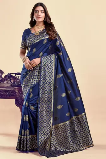 Neavy blue silk blend banarasi saree with unstitched blouse piece