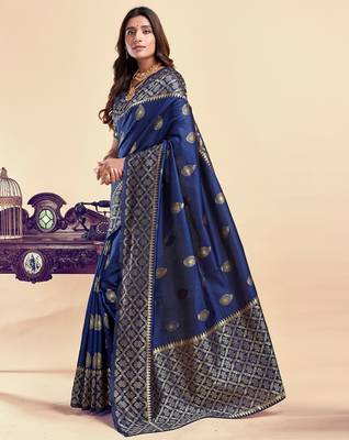 Neavy blue silk blend banarasi saree with unstitched blouse piece 3