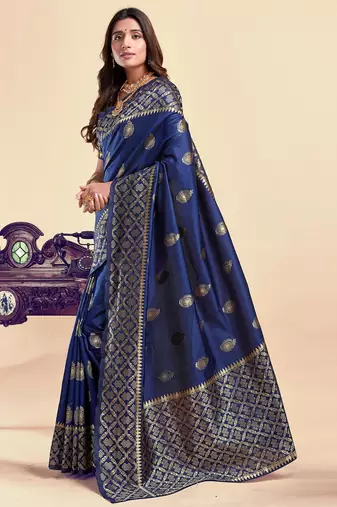 Neavy blue silk blend banarasi saree with unstitched blouse piece