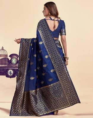Neavy blue silk blend banarasi saree with unstitched blouse piece 4