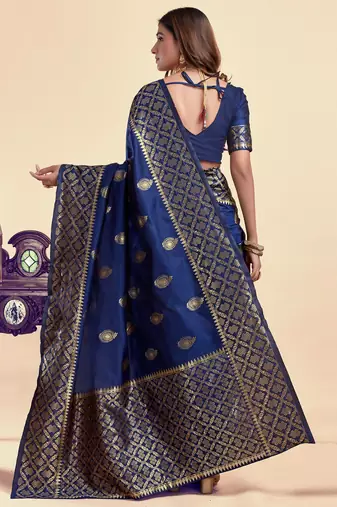 Neavy blue silk blend banarasi saree with unstitched blouse piece