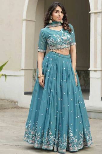 sky blue embroidered lehenga choli set