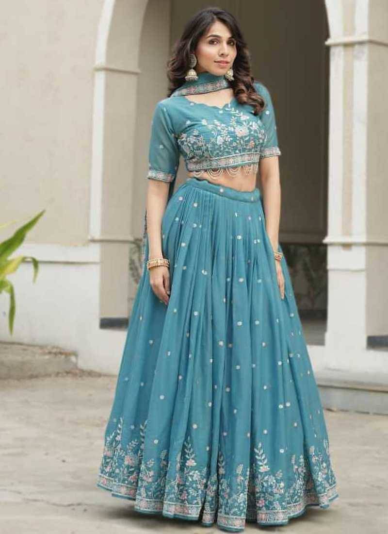 sky blue embroidered lehenga choli set