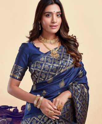 Neavy blue silk blend banarasi saree with unstitched blouse piece 5