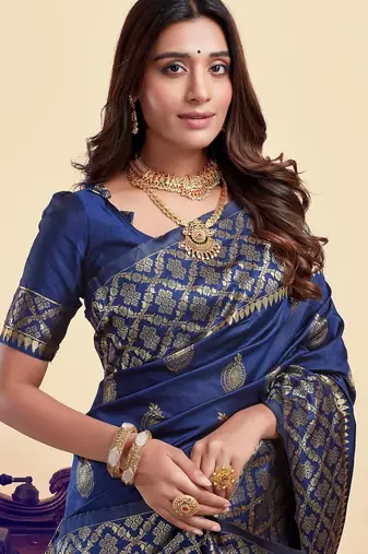 Neavy blue silk blend banarasi saree with unstitched blouse piece