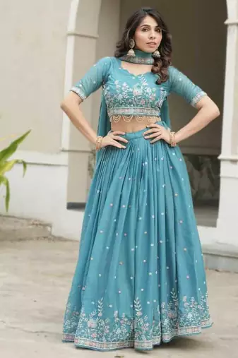 sky blue embroidered lehenga choli set