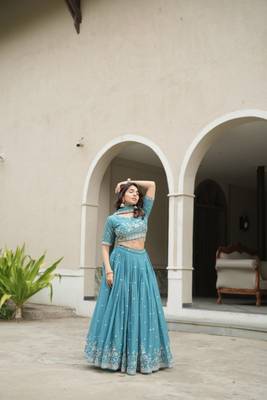 sky blue embroidered lehenga choli set 3