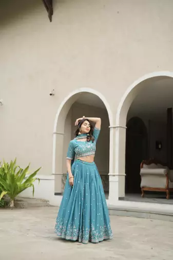 sky blue embroidered lehenga choli set