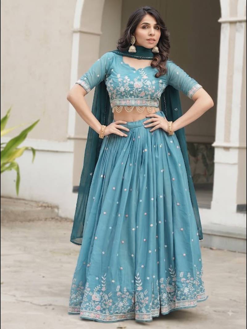 sky blue embroidered lehenga choli set