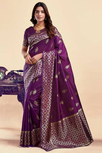 Purple soft silk blend banarasi jacuard work designer party wear saree with unstitched blouse piece