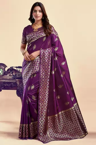 Purple soft silk blend banarasi jacuard work designer party wear saree with unstitched blouse piece