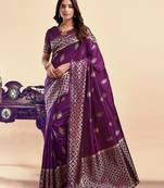 Purple silk blend banarasi saree with unstitched blouse piece