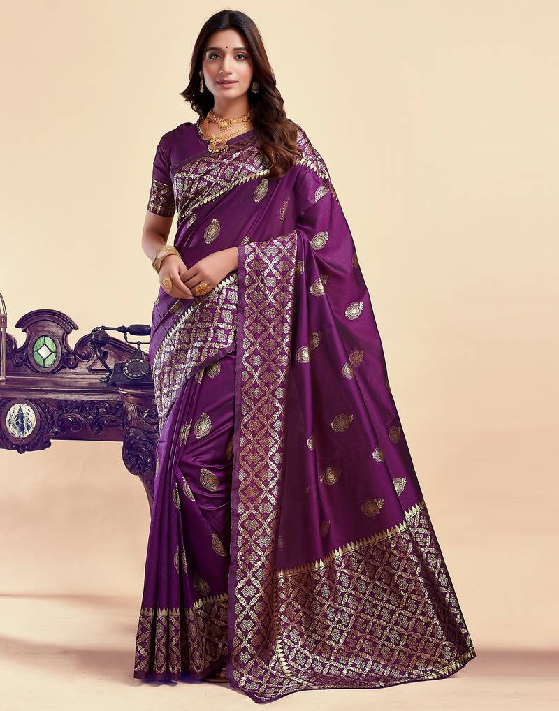 Purple soft silk blend banarasi jacuard work designer party wear saree with unstitched blouse piece