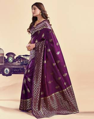 Purple silk blend banarasi saree with unstitched blouse piece 2