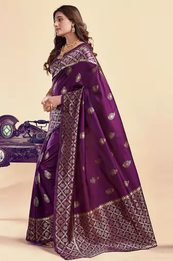 Purple silk blend banarasi saree with unstitched blouse piece