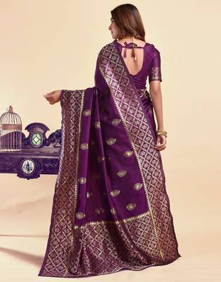 Purple silk blend banarasi saree with unstitched blouse piece 3
