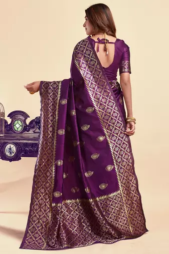 Purple silk blend banarasi saree with unstitched blouse piece