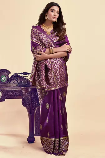 Purple silk blend banarasi saree with unstitched blouse piece
