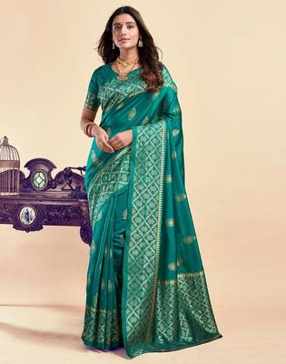 Teal green silk blend banarasi saree with unstitched blouse piece 1