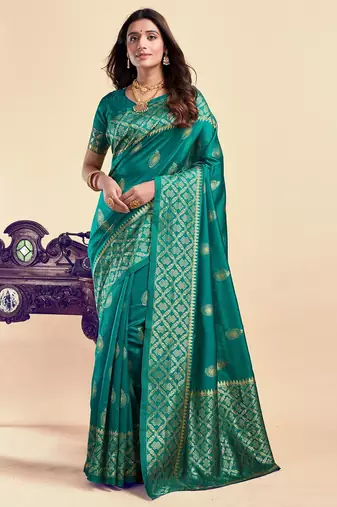 Teal green soft silk blend banarasi jacuard work designer party wear saree with unstitched blouse piece