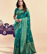 Teal green soft silk blend banarasi jacuard work designer party wear saree with unstitched blouse piece