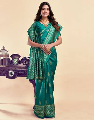 Teal green silk blend banarasi saree with unstitched blouse piece 2
