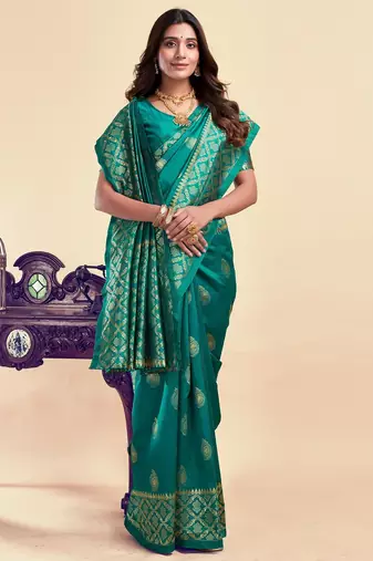 Teal green silk blend banarasi saree with unstitched blouse piece