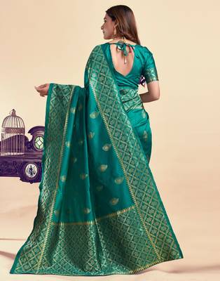 Teal green silk blend banarasi saree with unstitched blouse piece 3