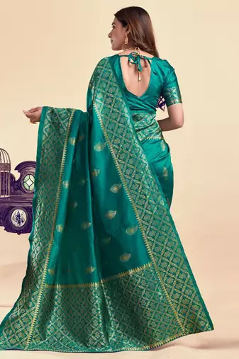 Teal green silk blend banarasi saree with unstitched blouse piece