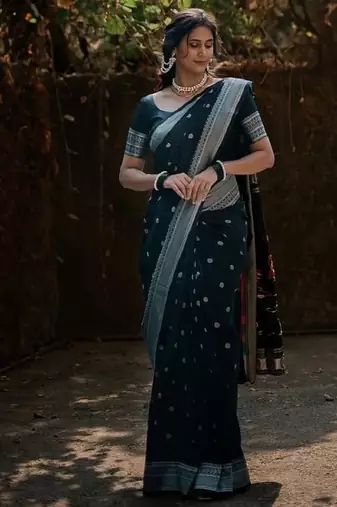 Black soft silk blend banarasi jacuard work designer party wear saree with unstitched blouse piece