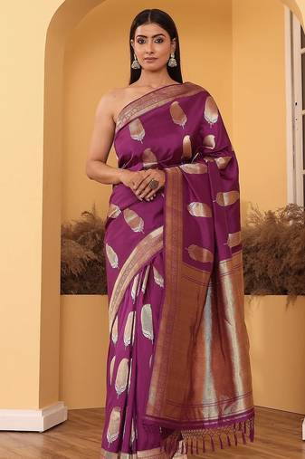 Purple soft silk blend banarasi jacuard work designer party wear saree with unstitched blouse piece